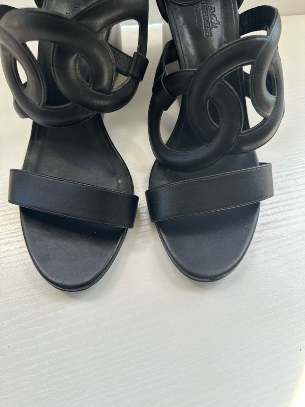 Hermes Brisbane Black Leather Ankle-Strap Wedge Sandals - Picture 7 of 12